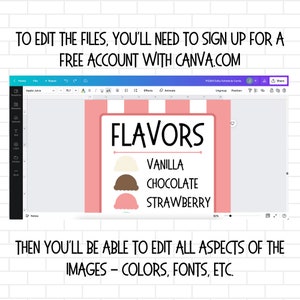 以下が含まれることがあります： ピンクと白のストライプの看板に、黒い文字で「FLAVORS」と書かれています。「FLAVORS」の下には、アイスクリームの球が3つあり、それぞれ「VANILLA」、「CHOCOLATE」、「STRAWBERRY」のフレーバーが書かれています。