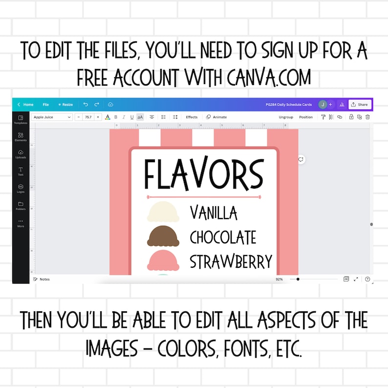 以下が含まれることがあります： ピンクと白のストライプの看板に、黒い文字で「FLAVORS」と書かれています。「FLAVORS」の下には、アイスクリームの球が3つあり、それぞれ「VANILLA」、「CHOCOLATE」、「STRAWBERRY」のフレーバーが書かれています。