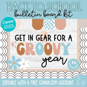 BEWERKBAAR Get in Gear for a Groovy Year bulletinboardkit | Terug naar school | Neutraal groovy | Basisschool | Leraar | Bewerkbare weergave