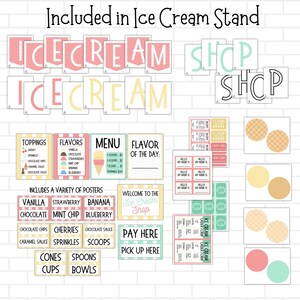 May include: A set of printable ice cream shop signs and decorations. The signs feature a variety of ice cream flavors, toppings, and menu items. The decorations include cones, spoons, cups, and bowls. The signs are in a pastel color scheme with a fun, whimsical design.