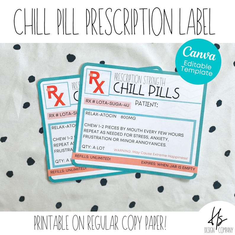 PRINTABLE Prescription Chill Pill Candy Jar Label | Nursing Home | CNA Appreciation | Marketing | Health Care Gift | CNA Week | Nurse's Week image 1