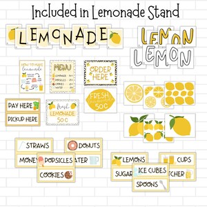 May include: A set of printable signs for a lemonade stand, featuring yellow and white colors with black text. The signs include "Lemonade", "Lemon", "How to Make Lemonade", "Menu", "Order Here", "Fresh Lemonade 50c", "Pay Here", "Pickup Here", "Straws", "Donuts", "Money", "Popsicles", "Water", "Cookies", "Lemons", "Sugar", "Ice Cubes", "Cups", "Pitcher", and "Spoons".
