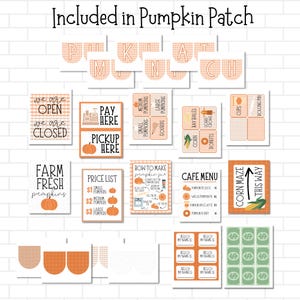 May include: A set of printable signs for a pumpkin patch. The signs are in a variety of styles and colors, and feature text such as "We are Open", "Farm Fresh Pumpkins", "Pay Here", "Price List", "How to Make Pumpkin Pie", "Cafe Menu", and "Corn Maze This Way".