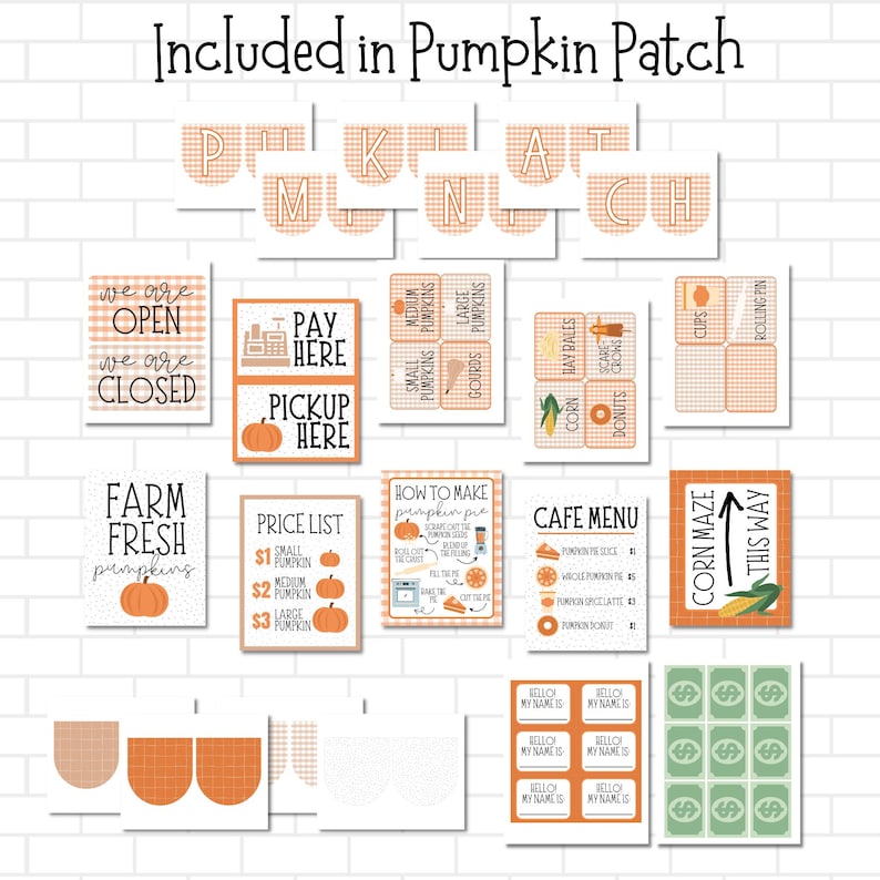 May include: A set of printable signs for a pumpkin patch. The signs are in a variety of styles and colors, and feature text such as "We are Open", "Farm Fresh Pumpkins", "Pay Here", "Price List", "How to Make Pumpkin Pie", "Cafe Menu", and "Corn Maze This Way".
