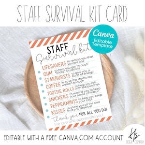 BEWERKBARE Staff Survival Kit Card | Cadeau personeelswaardering | Onderwijs | Leraarcadeau | Waardering van werknemers | Overlevingspakket voor personeelslid