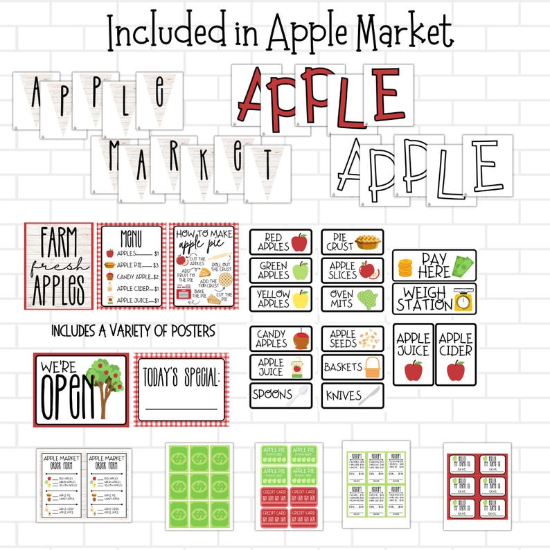 May include: A set of printable posters for an apple market or classroom activity. The posters feature red, green, and yellow apples, along with text such as "Farm Fresh Apples", "Apple Juice", "Apple Cider", and "We're Open".