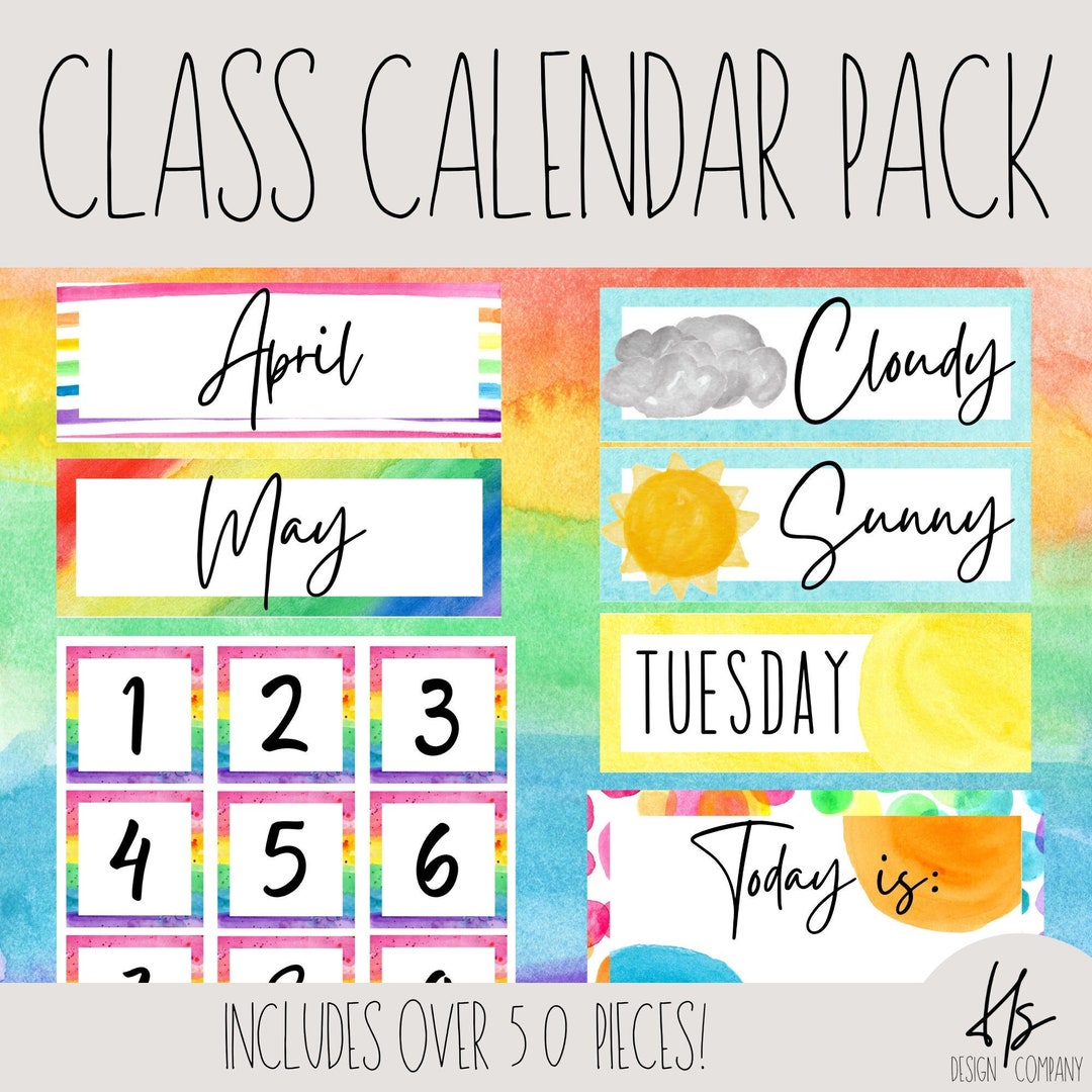 PRINTABLE Classroom Calendar Pack | Watercolor Rainbow | Bulletin Board ...