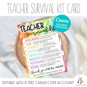 Tarjeta de kit de supervivencia para maestros editable / Semana de agradecimiento al maestro / Educación / Regalo para maestros / Semana del maestro escolar / Kit de supervivencia para maestros