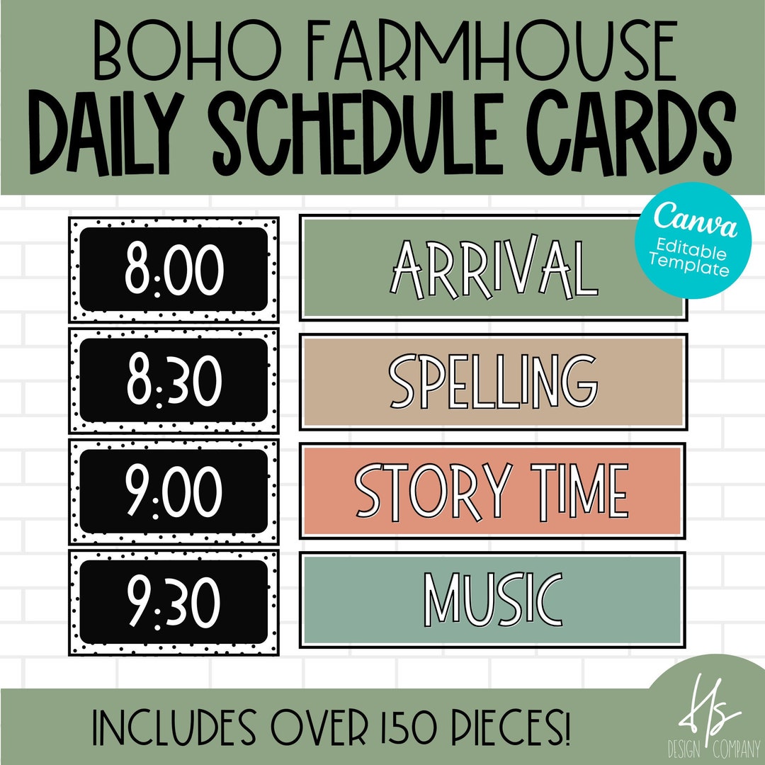 EDITABLE Daily Schedule Cards Boho Farmhouse Bulletin Board Posters
