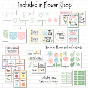May include: A printable flower shop play set with colorful signs, play money, seed sorting cards, and flower and leaf cutouts. The set includes signs that say "Pay Here", "Pickup Here", "Today's Special: Daisies", "Come In. We Are Open", and "Sorry. We Are Closed".