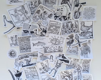 Willekeurige selectie van 12 middeleeuwse gestanste papieren stickers met marginalia en houtsnede | zwart-wit | historisch | verschillende maten en uitvoeringen