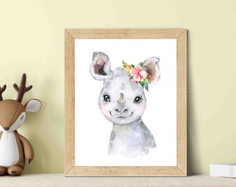 Safari Animal Nursery Decor, Baby Rhino, Toddler Kids Children's Room, Wall Art, Jungle Animals, Watercolor Printable, Instant Download