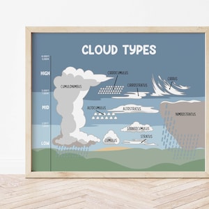 May include: A colorful illustration of different cloud types, labeled with their names. The clouds are grouped by altitude: high, mid, and low. The illustration includes a scale showing the altitude of each cloud type.