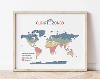 May include: A framed print of a world map illustrating global climate zones. The map is color-coded, with text labels identifying polar, temperate, subtropical, and tropical zones. The title "GLOBAL CLIMATE ZONES" is displayed at the top in colorful letters.
