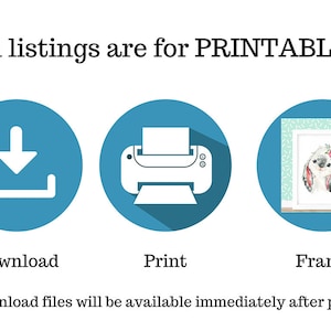 Puede incluir: Tres c&iacute;rculos azules con iconos blancos que representan los pasos para descargar, imprimir y enmarcar un imprimible. El texto "All listings are for PRINTABLES" est&aacute; en la parte superior de la imagen. El texto "Your download files will be available immediately after purchase!" est&aacute; en la parte inferior de la imagen.