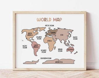 World Map Poster for Kids BOHO (Digital Download), Printable wall decor for classrooms, homeschool and playroom
