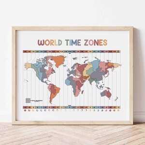 Poster wereldtijdzones | Homeschool-kaart muurkunst | Wanddecoratie klaslokaal | Wereldkaart voor kinderen | Kaart afdrukken | Wereldkaart | Wereldkaart voor kinderen