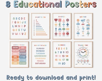 Zestaw 8 plakatów edukacyjnych | Sztuka ścienna do nauki w domu | Dekoracja do klasy | Do natychmiastowego pobrania | Wydruk edukacyjny | Uczeń/nauczyciel