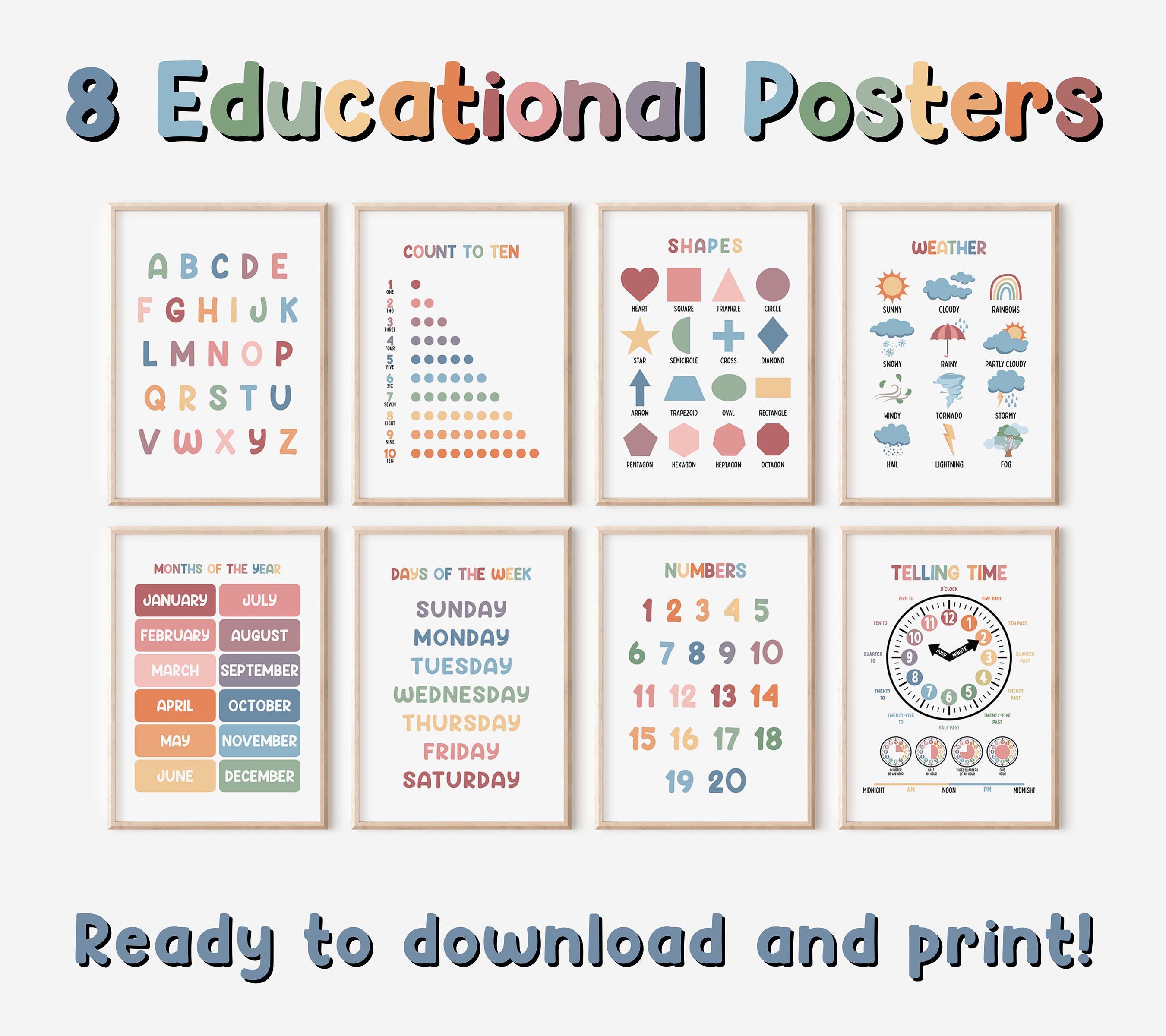 Set of 8 Educational Posters | Homeschool Wall Art | Classroom Decor ...