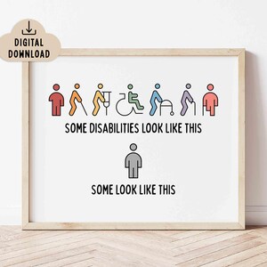 May include: A framed digital print featuring a row of colorful stick figures representing various disabilities above the text SOME DISABILITIES LOOK LIKE THIS, followed by a single gray stick figure above the text SOME LOOK LIKE THIS.