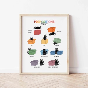 May include: A framed poster illustrating prepositions of place with black cat illustrations and colourful boxes. The title "PREPOSITIONS OF PLACE" is in rainbow colours. Examples include "over/above", "in", "between", and "next to/beside". The frame is light wood.