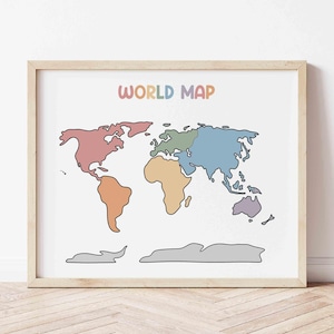 Pôster de mapa-múndi sem rótulos | Arte de parede com mapa para educação domiciliar | Decoração de sala de aula | Mapa-múndi para crianças | Impressão de mapa | Mapa-múndi | Mapa-múndi infantil