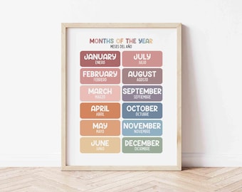 Months of the Year Printable, English and Spanish (Digital Download) Early Learning Educational Decor