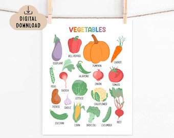Vegetables Posters, BRIGHT Colors (Digital Download) Kids Identifying Vegetables Wall Art Printable, Early Education