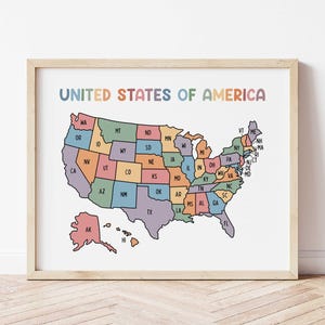 Kaartposter Verenigde Staten | Homeschool-kaart muurkunst | Klasdecoratie | Kaart van de VS voor kinderen | Kaart afdrukken | Afdrukbare kaart Amerikaanse staten | Amerikaanse kaart voor kinderen