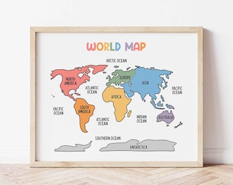 World Map Poster for Kids BRIGHT (Digital Download), Printable wall decor for classrooms, homeschool and playroom