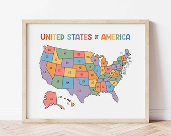 Mapa de Estados Unidos imprimible, colores brillantes (descarga digital), póster para educación en casa, decoración del aula