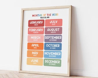 Months of the Year Printable, English and Spanish BRIGHT Colors (Digital Download) Educational Decor