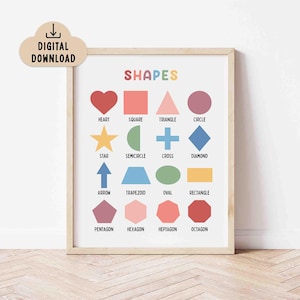 Poster Shapes HELDERE kleuren (digitale download) Klaslokaaldecoratie, vroeg leren