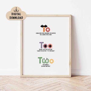 Może przedstawiać: Oprawiony wydruk ze słowami "To", "Too" i "Two" w różnych kolorach i czcionkach, każdy ze swoją definicją. Chmura z napisem "DIGITAL DOWNLOAD" znajduje się w lewym górnym rogu. Wydruk jest w jasnej drewnianej ramie.