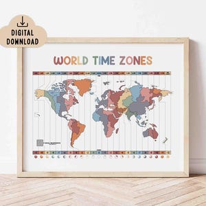 World Time Zones Poster Printable (Digital Download) Educational Classroom Decor