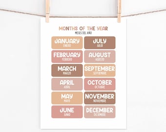 Months of the Year Printable, English and Spanish Boho Colors (Digital Download) Educational Classroom Decor