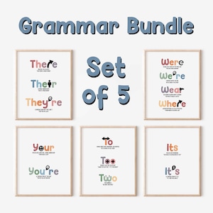 May include: A set of five framed grammar posters. Each poster has a white background and a light wood frame. The posters display definitions for commonly confused words such as "there," "their," and "they're." The title "Grammar Bundle" is at the top in blue.