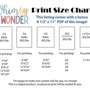 May include: Print size chart with the text "Whimsy & Wonder." Includes size ratios 2:3, 3:4, 4:5, ISO (50cmx70cm), and 11"x14" JPG file options. Offers sizes like 4"x6", 6"x9", 8"x12", 12"x18", and 16"x24".