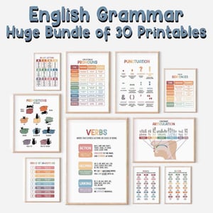 Könnte beinhalten: Eine Sammlung von Lehrpostern mit dem Titel English Grammar Huge Bundle of 30 Printables. Das Set enthält Diagramme zu Pronomen, Zeichensetzung, Sätzen, Präpositionen, Verben, Adjektiven und Artikulation mit farbigem Text und grafischen Darstellungen.