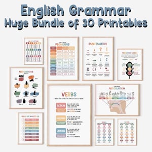English Grammar MEGA BUNDLE of 30 Educational Posters: Digital Download, Homeschool Wall Art, Classroom Decor, 8 1/2 x 11 PDF Included