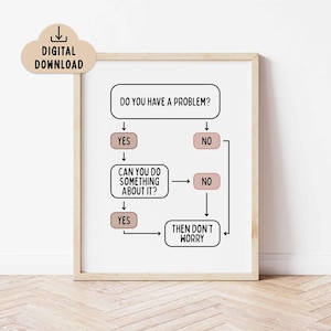 May include: A framed wall art print featuring a black and white flowchart with the text: DO YOU HAVE A PROBLEM? YES, NO, CAN YOU DO SOMETHING ABOUT IT? YES, NO, THEN DON'T WORRY. The design includes a tan cloud icon with the text DIGITAL DOWNLOAD.