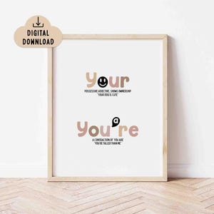 May include: A framed print featuring the words "Your" and "You're" in a whimsical font, with explanations and examples. The print is in a light wood frame and includes a "DIGITAL DOWNLOAD" cloud graphic.