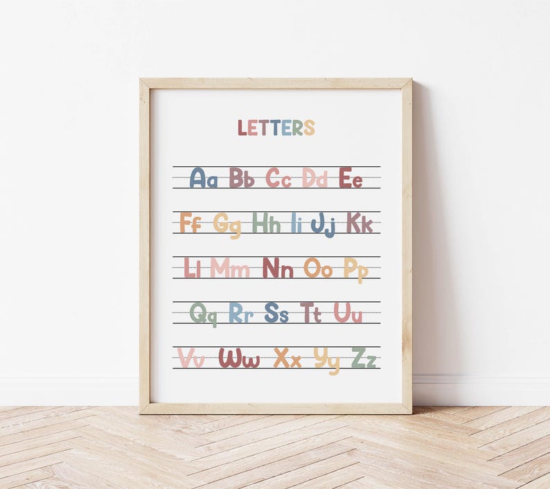 Puede incluir: Un gr&aacute;fico de alfabeto imprimible con las letras del alfabeto en una fuente manuscrita colorida. Las letras est&aacute;n dispuestas en filas, con cada letra emparejada con su contraparte en min&uacute;scula. El gr&aacute;fico est&aacute; titulado "LETTERS" en la parte superior.