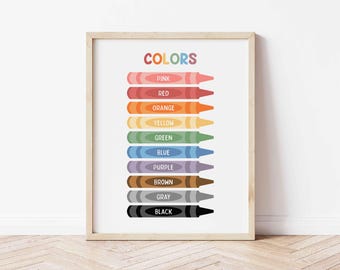 May include: A framed print featuring the word "COLORS" in rainbow hues above a row of crayons. Each crayon is a different color, with the color name printed below. Colors include pink, red, orange, yellow, green, blue, purple, brown, gray, and black.