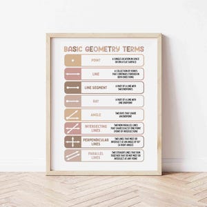 May include: A framed print displaying "BASIC GEOMETRY TERMS". It illustrates geometric concepts such as point, line, and angle, each with a definition. The colour palette is neutral, using beige and brown hues.