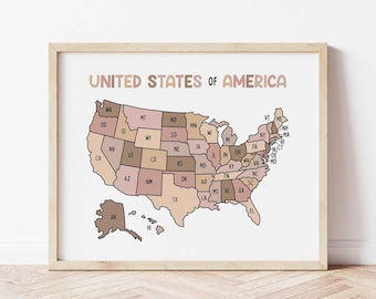 Mapa de Estados Unidos imprimible, colores bohemios (descarga digital), póster para educación en casa y decoración del aula.