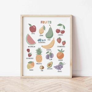 Posters de fruits | Art mural Identification des fruits | Carte d'identité pour enfants imprimable | Art mural botanique | Impressions de fruits et légumes | Éducation préscolaire