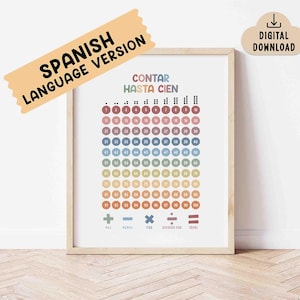May include: A framed educational poster with the text "CONTAR HASTA CIEN" and numbers 1-100 in a colorful grid. The poster also includes math symbols and the words "MAS, MENOS, POR, DIVIDIDO POR, IGUAL". The top left corner has the text "SPANISH LANGUAGE VERSION".