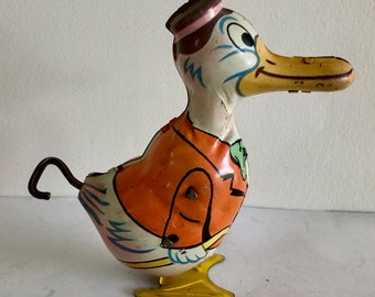 c. 1930&#39;s J. Chein Lithographed Tin Waddling White Duck w/ Red Coat & Blue Bow Tie Windup Walker - Pristine Condition and Works Great