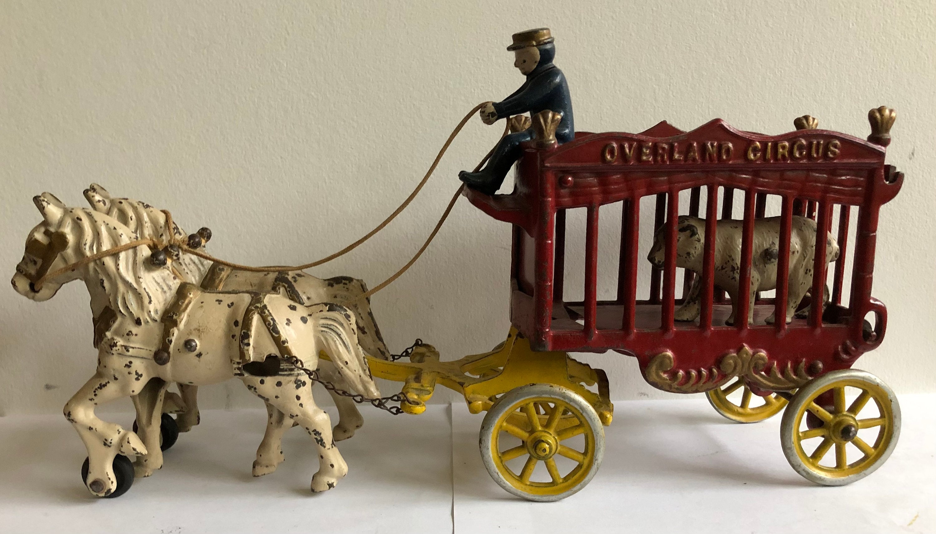 Circa 1940's Kenton Cast Iron "Overland Circus Polar Bear Wagon" Missing Two Horsemen but Otherwise in Excellent Condition